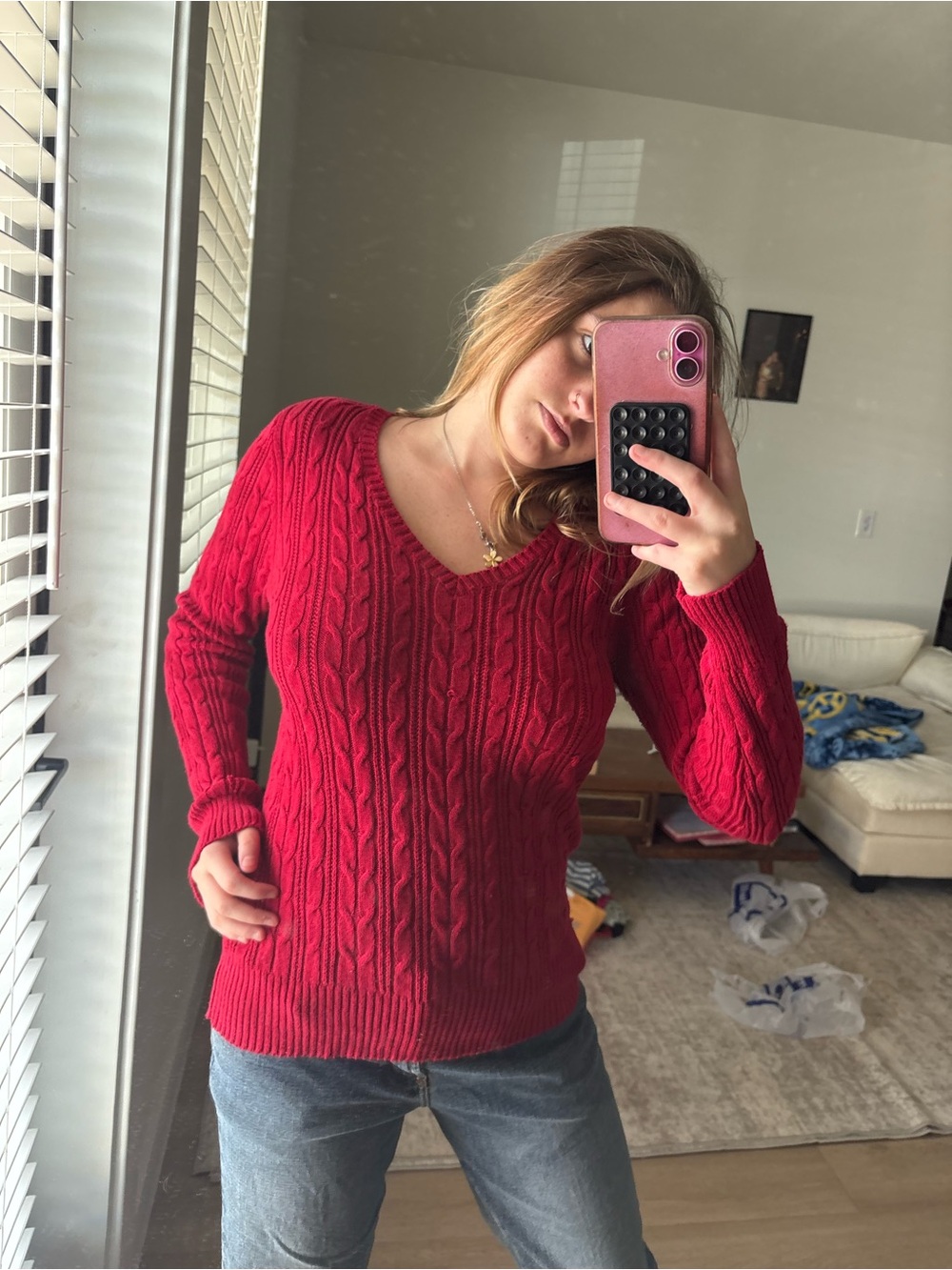 St. John's Bay Red Cable-Knit V-Neck Sweater